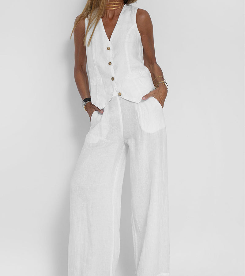 Aira - Buttoned Vest & Wide-Leg Trousers Set