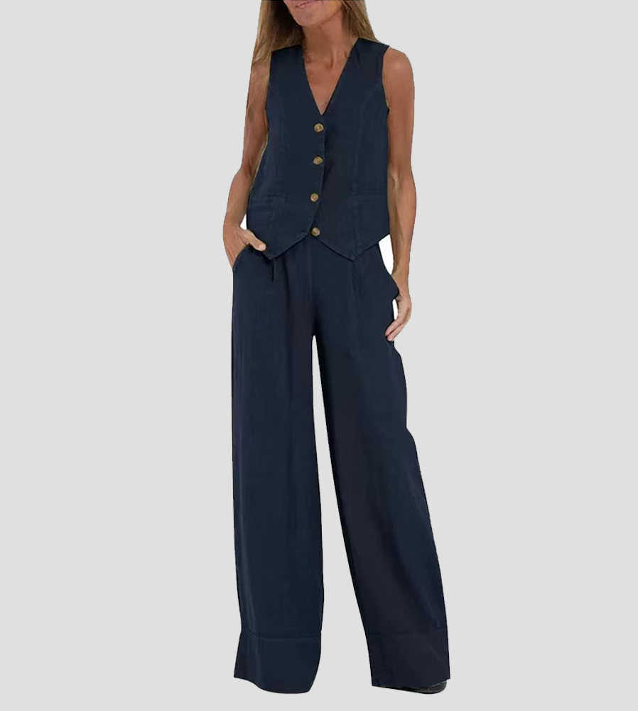 Aira - Buttoned Vest & Wide-Leg Trousers Set